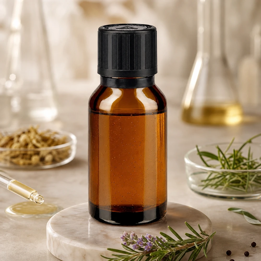 Braunglas Flasche 15ml mit Originalitätsverschluss auf Marmortablett neben frischen Kräutern