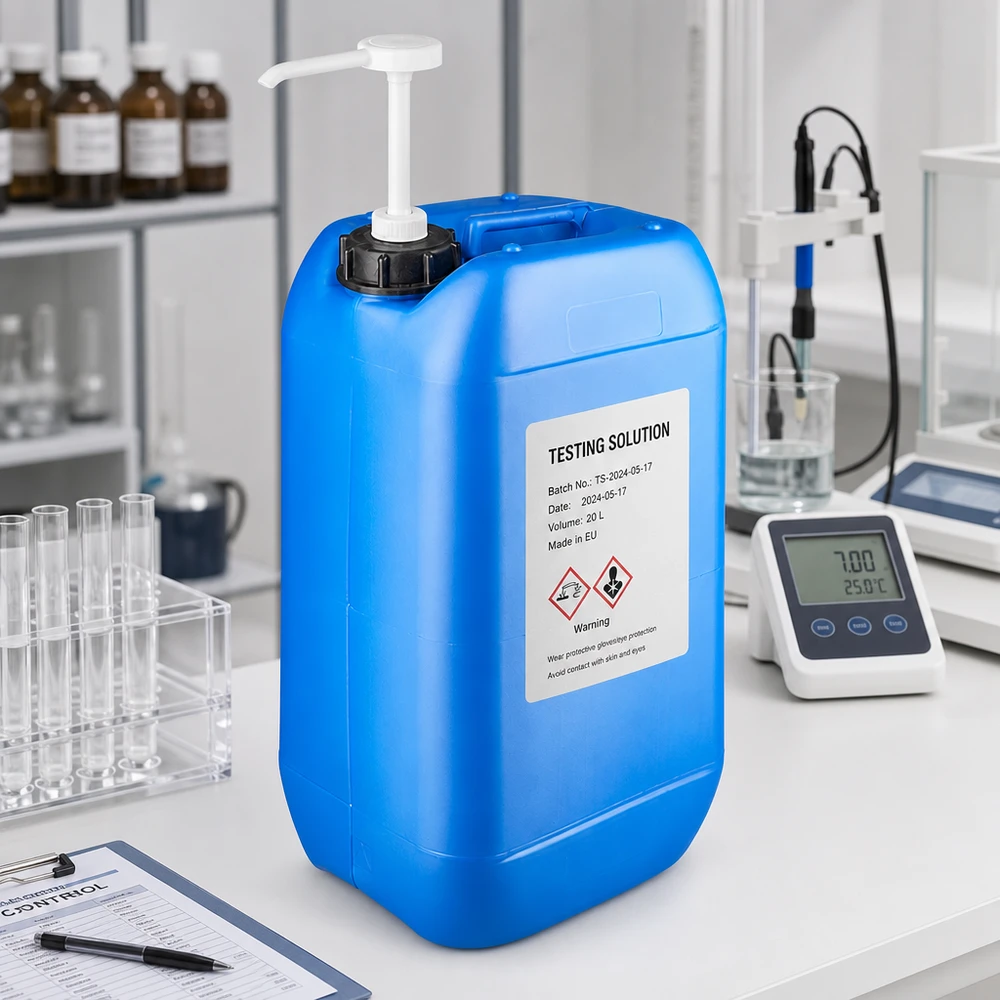 Verschließbarer 15L Kanister blau mit Pumpsystem für präzise Chemikaliendosierung im Labor