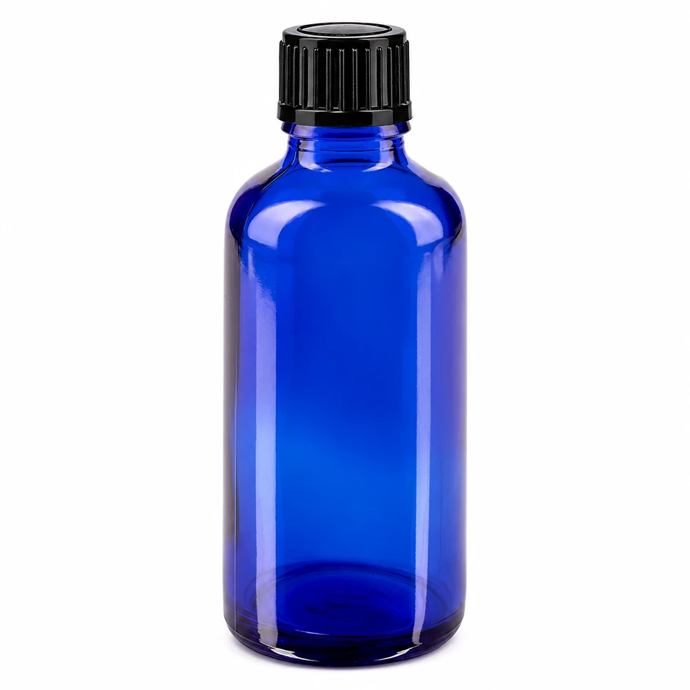 Apothekenflasche blau 50ml Schraubverschluss schwarz Standard Blaue Glasflasche 50ml mit schwarzem Originalitätsverschluss für Apotheken