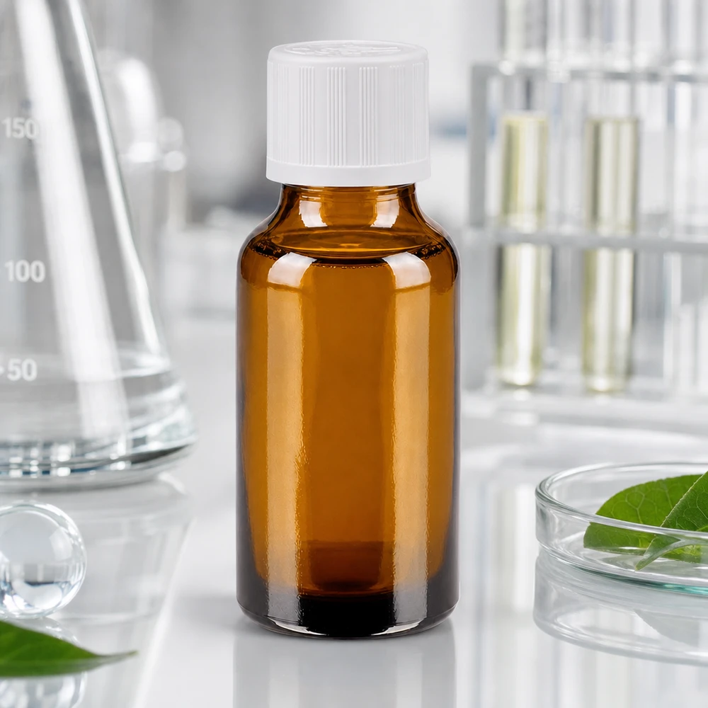 Braune 20ml Glasflasche mit weißem Schraubverschluss und Kindersicherung für Pharmaprodukte