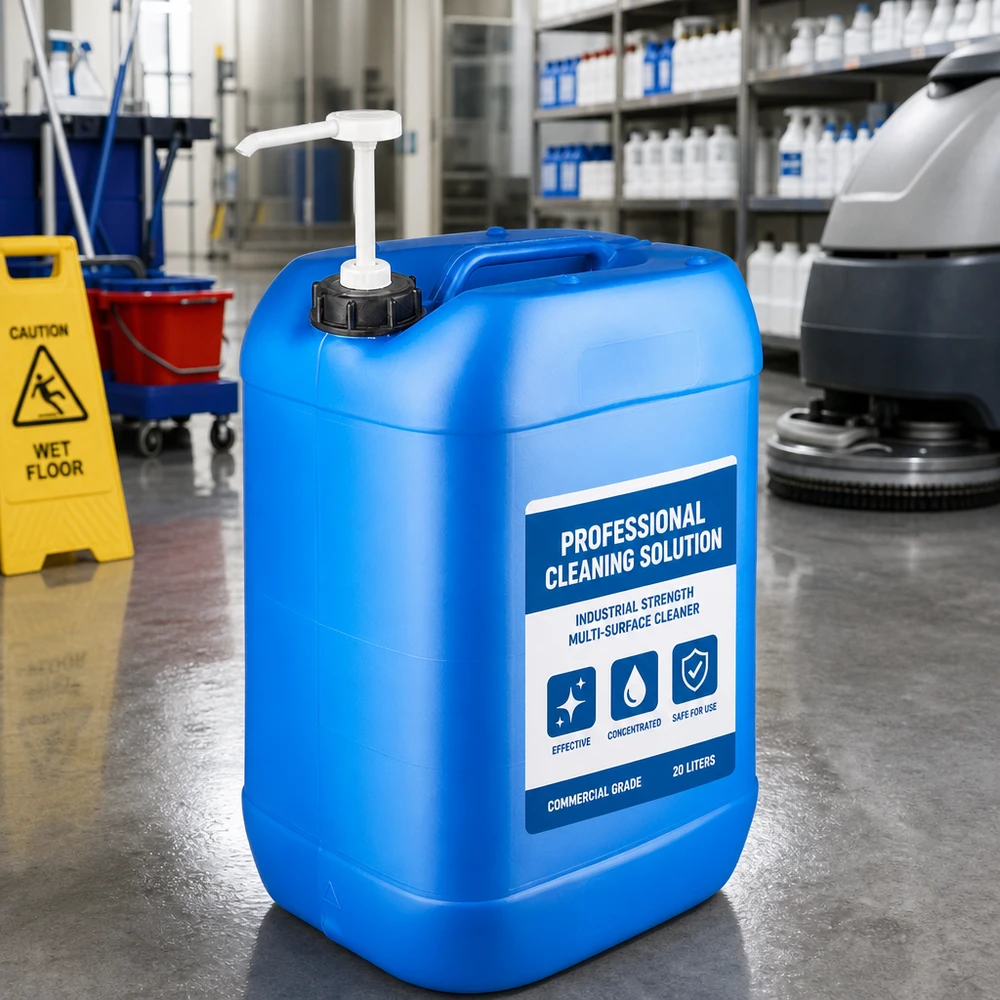 Großer blauer Kanister 25L mit Pumpspender auf Betonboden neben Bodenreinigungsmaschine