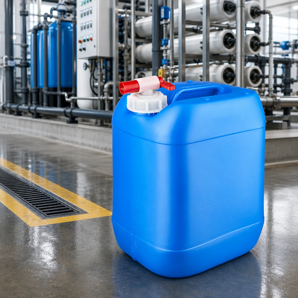 Wasserkanister 20L mit rotem Zapfhahn in moderner Wasseraufbereitungsanlage