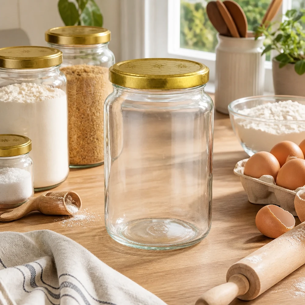 Leeres 795ml Rundglas mit goldenem Bienenwaben-Deckel in Küchenszene mit Eiern und Backzutaten