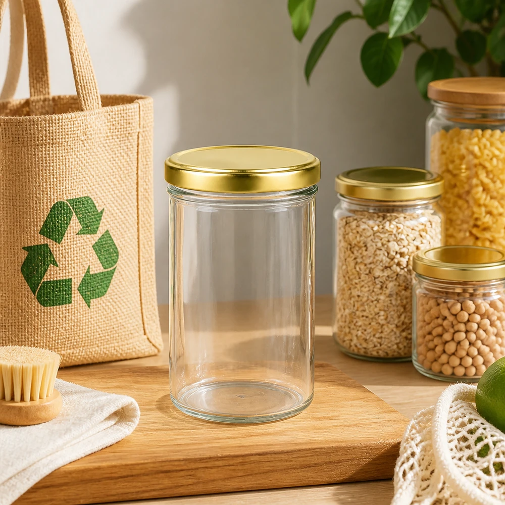 435ml Sturzglas mit BasicSeal Deckel gold UNiTWIST 435ml Sturzglas UNiTWIST mit goldenem Deckel in nachhaltiger Zero-Waste Küche mit Jutebeutel und Vorratsgläsern