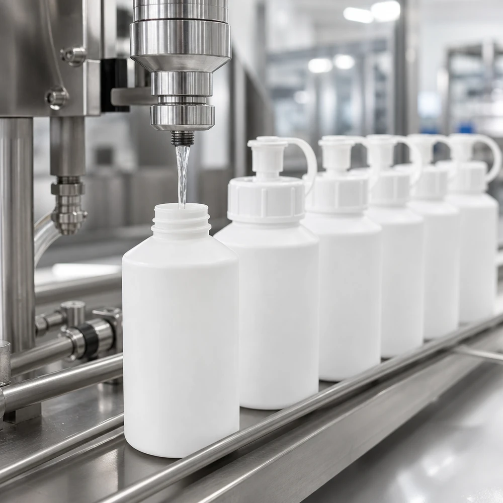 Industrielle Abfüllung von HDPE Flaschen 50ml weiß mit kindersicherem Spritzverschluss