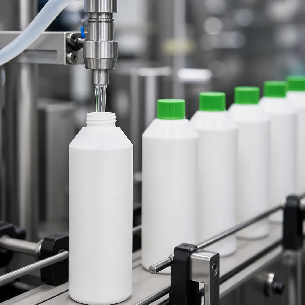 Apothekenflasche HDPE 250ml weiß, mit grünem Schraubverschluss Pharmazeutische Abfüllung HDPE Flasche 250ml weiß grüner Verschluss auf Produktionsband