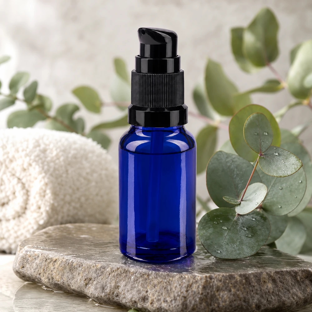 Apothekenflasche blau 10ml PumpVerschluss schwarz Standard Kobaltblaue Glasflasche 10ml mit schwarzem Pumpspender für Seren und Kosmetik