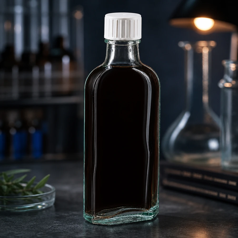 100ml flache Meplat Flasche aus klarem Glas mit gerilltem Kunststoffdeckel und Gießring
