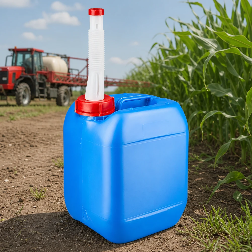Tragbarer blauer Kunststoffkanister 5 Liter mit weißem Ausgießer für Landwirtschaft
