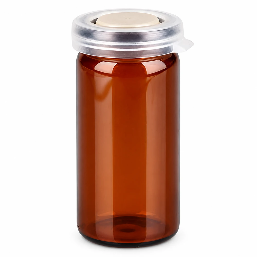 Kleines Tablettenglas 10ml in Bernsteinbraun mit Aluminium-Schnappdeckel
