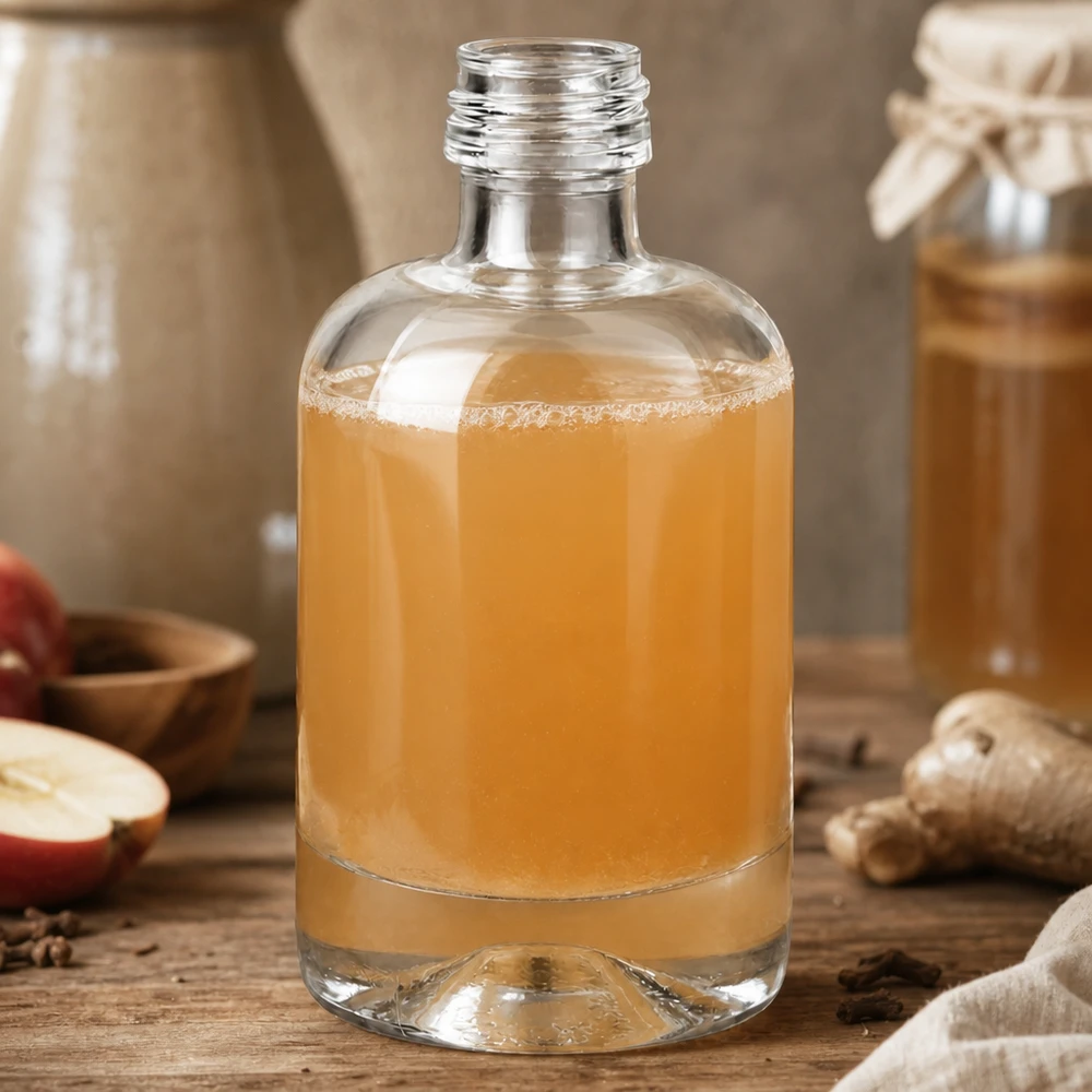 40ml Glasflasche "Sara" ohne Schraubverschluss UNiTWIST 40ml Glasflasche Sara mit bernsteinfarbenem Inhalt in rustikalem Ambiente mit Gewürzen und Früchten ohne Verschluss