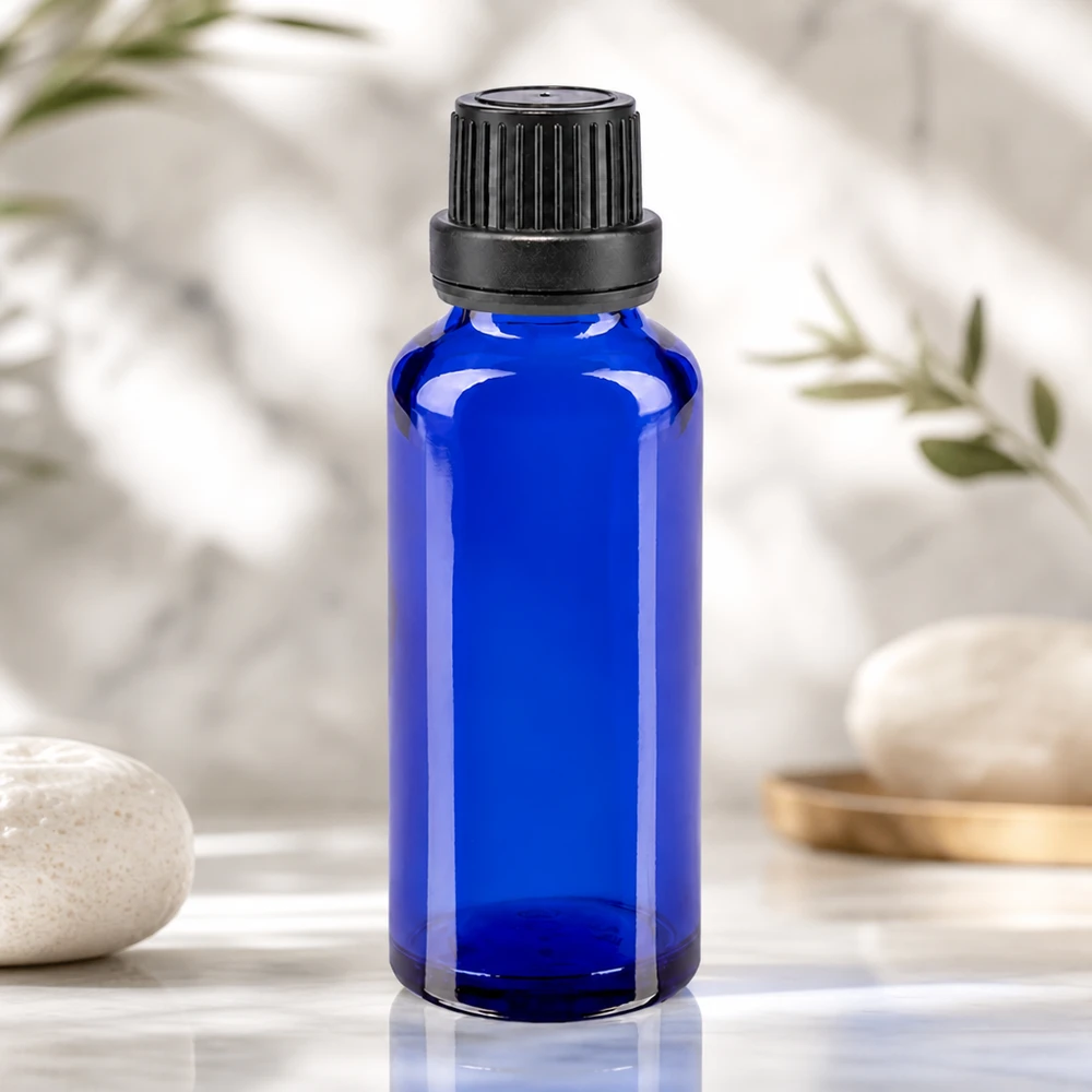 Apothekenflasche blau 30ml Schraubverschluss schwarz Dichteinlage Originalitätsverschluss Leere 30ml Glasflasche in Royalblau mit 11mm Verschluss ideal für Tinktur und Serum Abfüllung