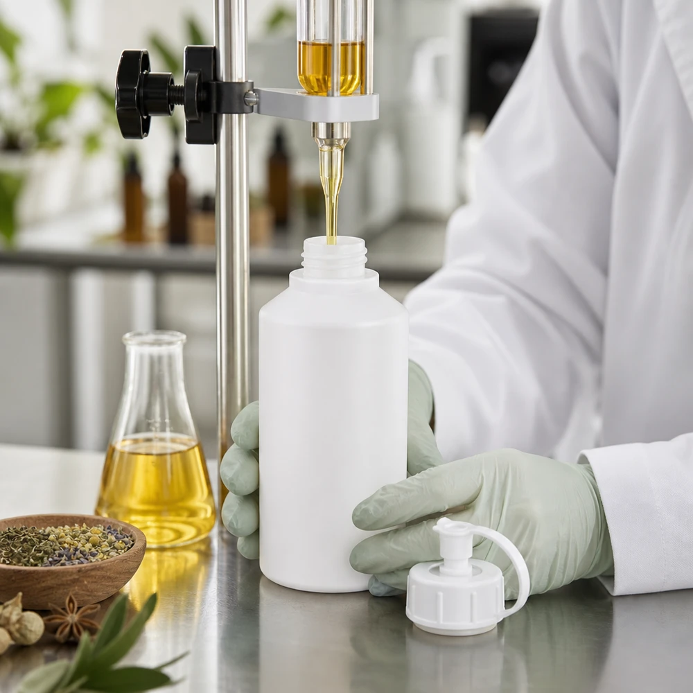 Apothekenflasche HDPE 50ml weiß mit Spritzverschluss Pharmazeutische Abfüllung von Pflanzenöl in 50ml Weithalsflaschen mit Spritzverschluss