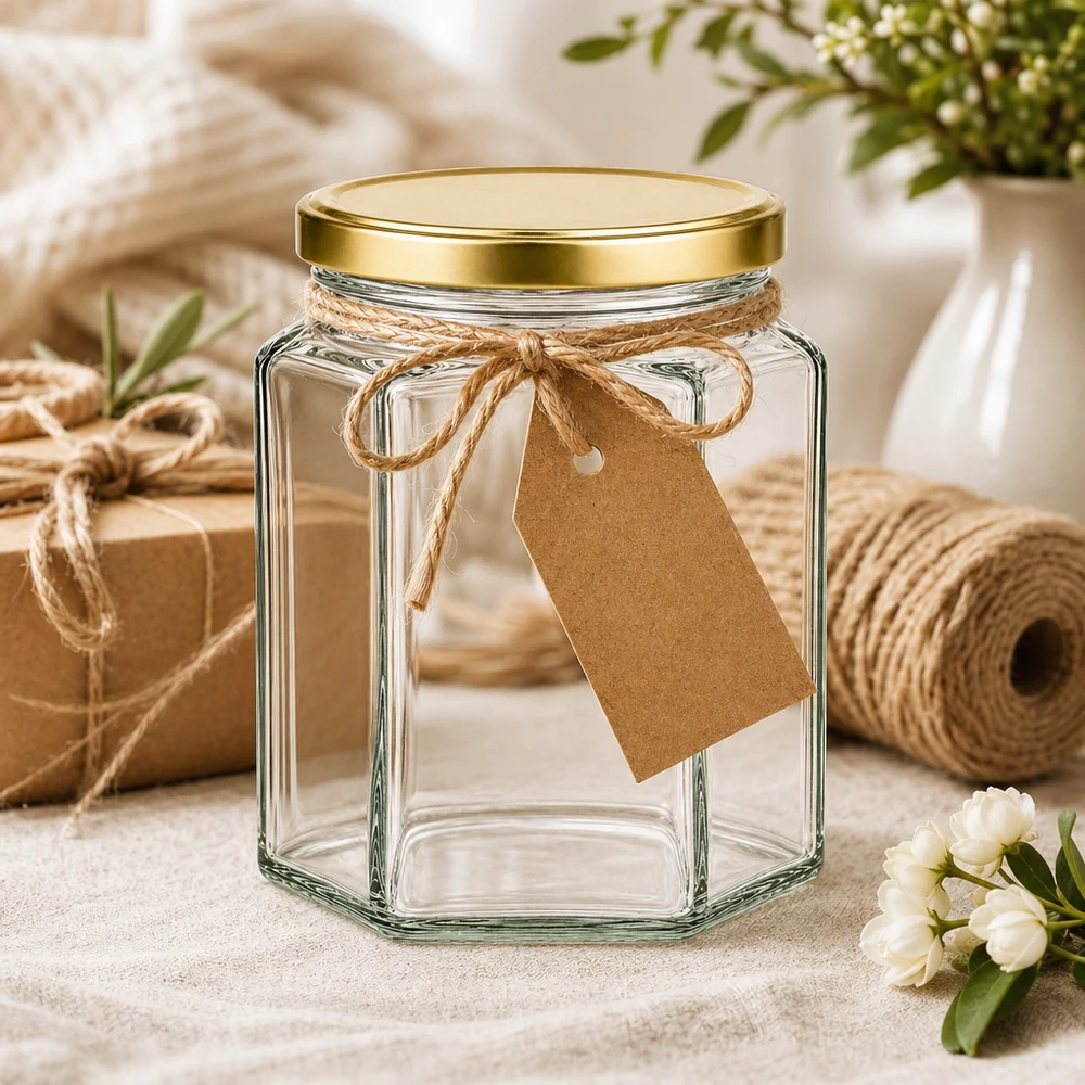 288ml Hexaglas mit BasicSeal Deckel gold und Kraftpapier-Anhänger als Geschenkverpackung mit Juteschnur