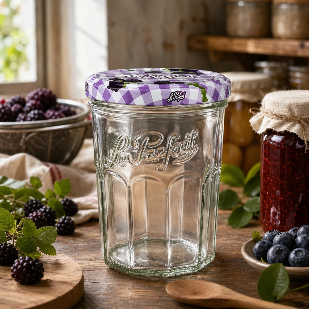 Le Parfait Sturzglas 385ml in rustikaler Küche mit frischen Beeren und selbstgemachter Marmelade dekoriert