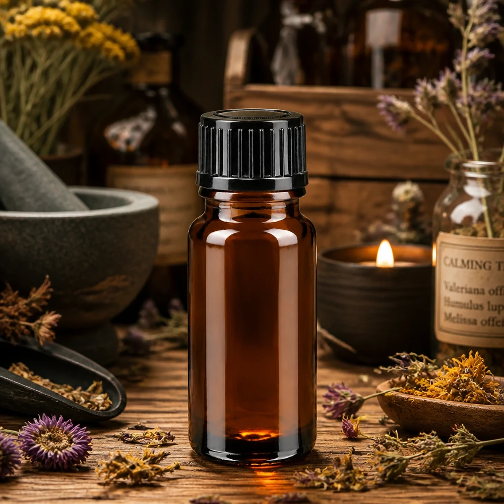 Kleine Phiole 10ml ApoGlas braun mit STD Tropfverschluss umgeben von getrockneten Heilkräutern