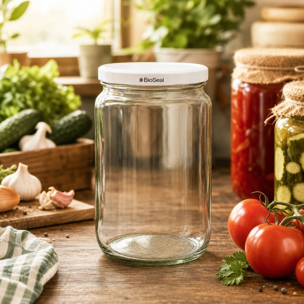 795ml Rundglas mit BioSeal Deckel weiß UNiTWIST UNiTWIST Runda795 Einmachglas in Küche mit frischem Gemüse - perfekt zum Einkochen und Konservieren