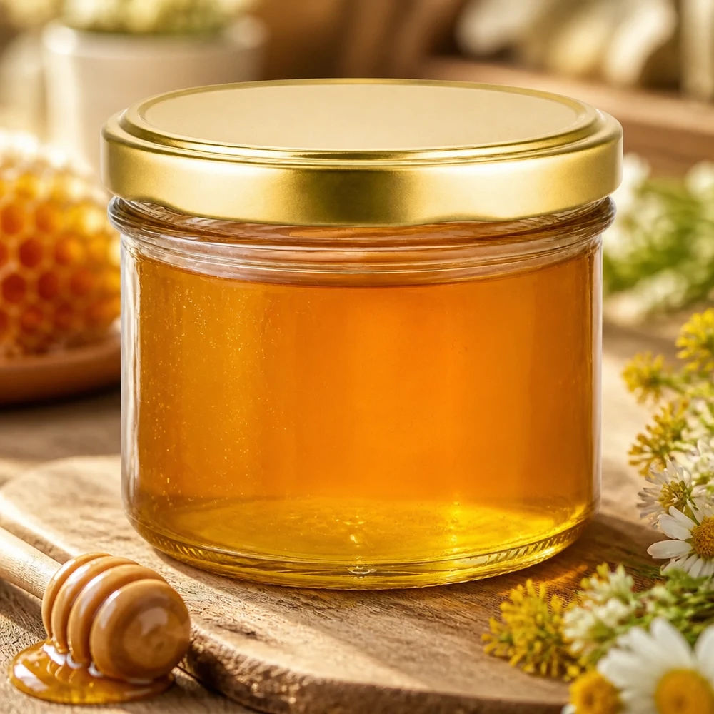 225ml Sturzglas mit BasicSeal Deckel gold UNiTWIST 225ml Sturzglas UNiTWIST mit BasicSeal Deckel gold gefüllt mit Honig neben Honiglöffel und Blumen auf Holztisch
