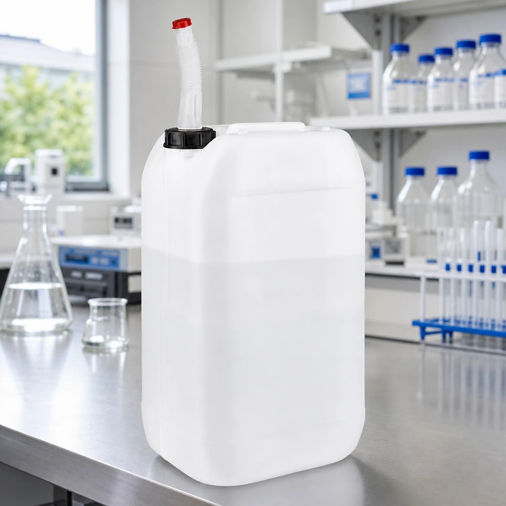 Kanister 15 Liter mit Auslaufrohr Flex Lebensmittelechter 15 Liter Kanister mit Flex-Auslaufrohr auf Edelstahl-Labortisch