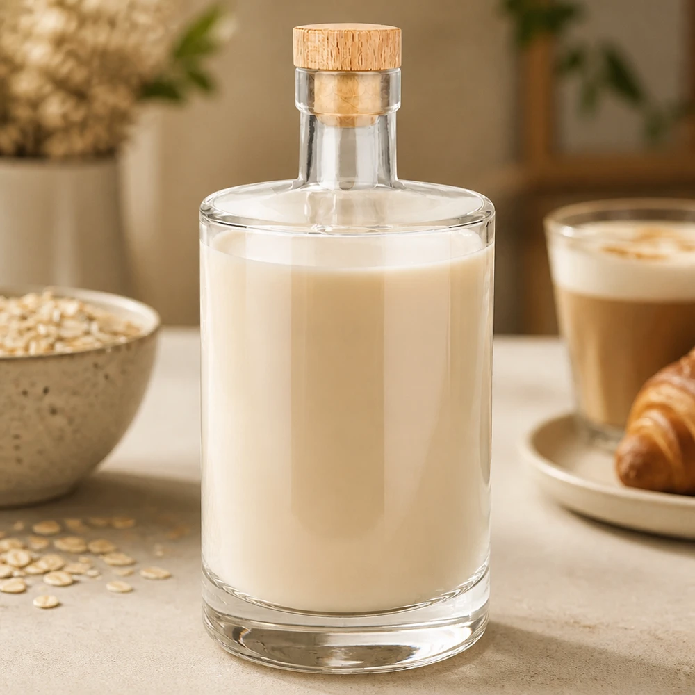 700ml Glasflasche Marie mit cremigem Hafermilch-Inhalt und Holzkorken neben Haferflocken und Kaffeetasse