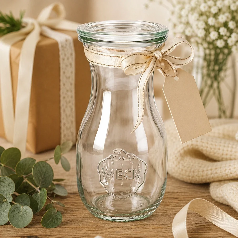 290ml Saftflasche mit Glasdeckel WECK RR60 WECK Saftflasche 290ml RR60 als Geschenkidee dekoriert mit Schleife und Anhänger neben Geschenkbox und Blumen