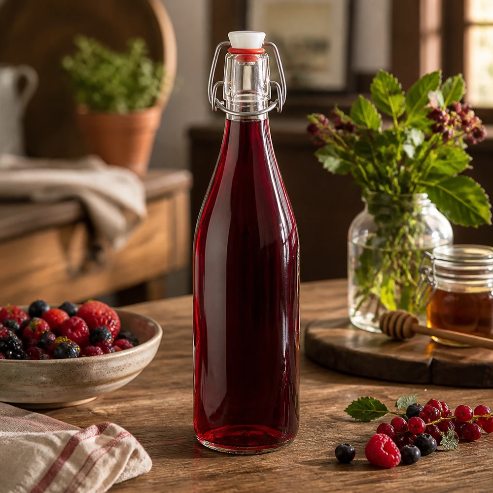500ml Glasflasche und Bügelverschluss Porzellan UNiTWIST 500ml Glasflasche Bügelverschluss mit rotem Beerensaft auf Holztisch neben frischen Beeren und Honig in Küche