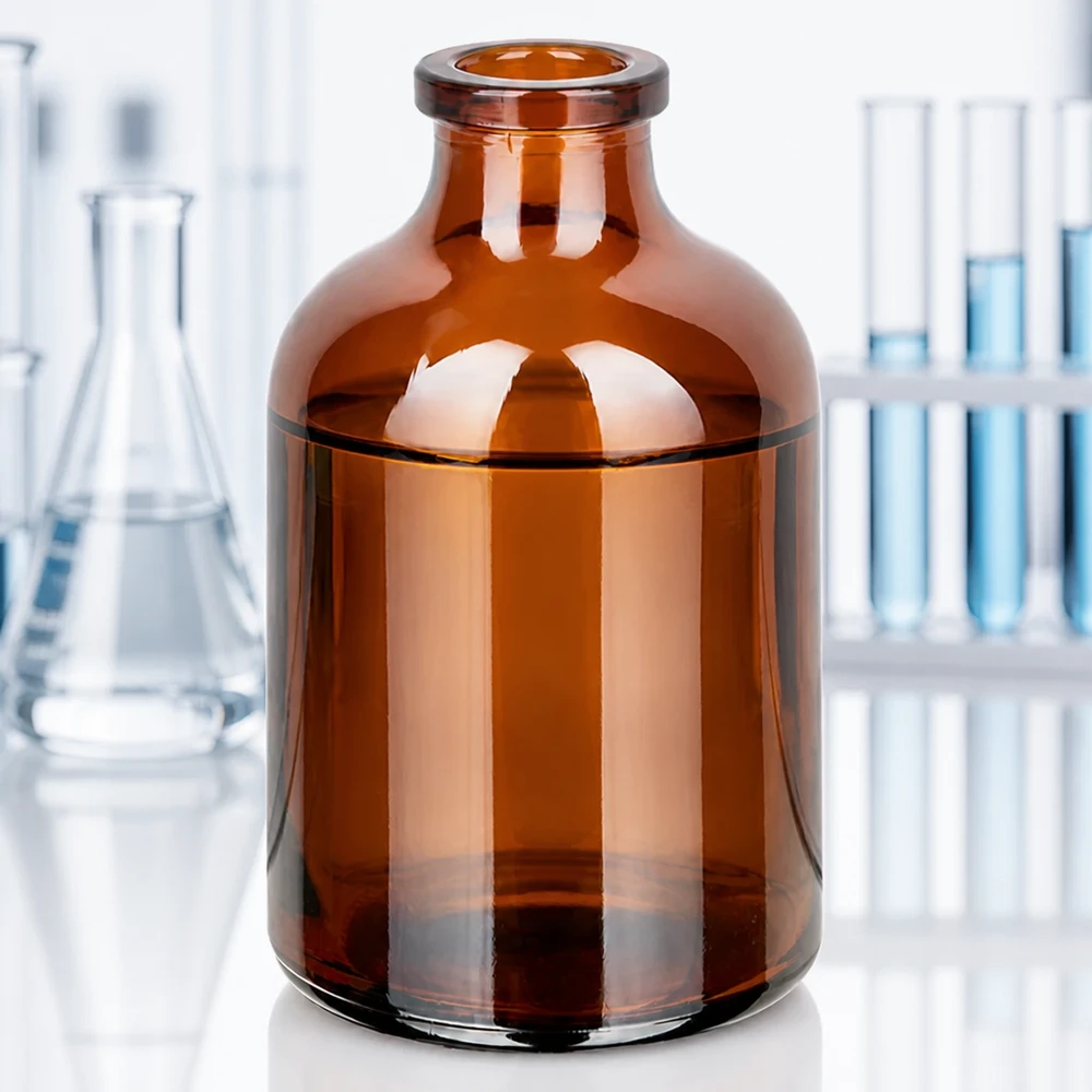 50ml Pharmaglasflasche in Bernsteinfarbe mit glänzender Oberfläche vor hellem Laborhintergrund