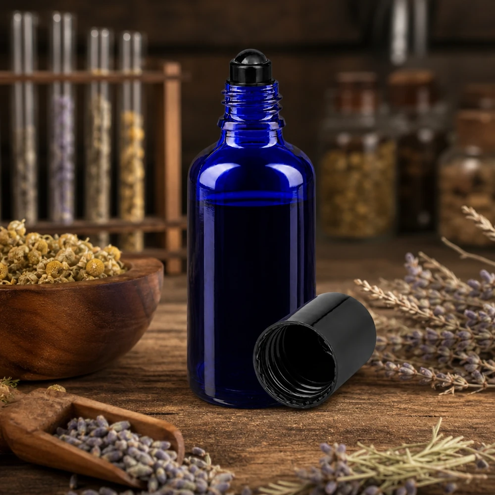 Blaue Apothekerglas Roll-On Flasche 50ml mit abgeschraubtem Deckel auf rustikalem Holztisch