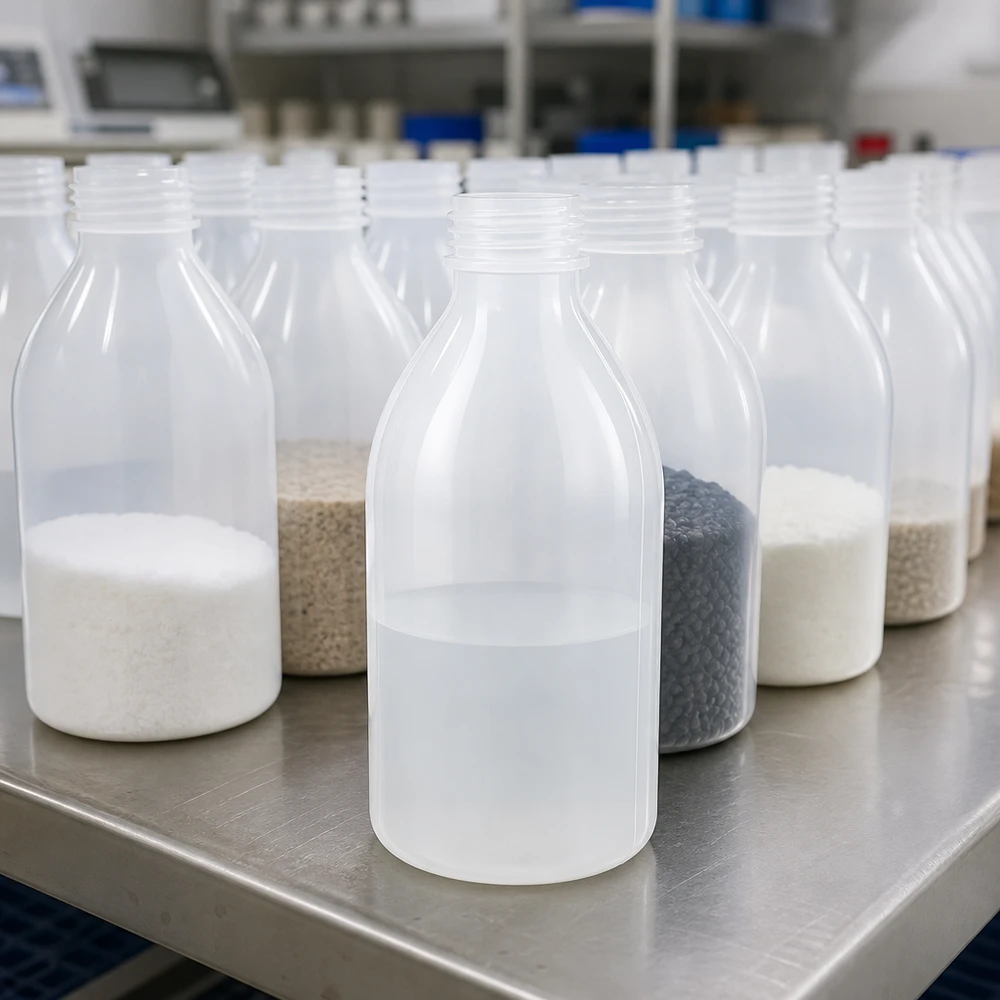 250ml Laborflasche Enghals ohne Verschluss 250ml Laborflaschen Enghals ohne Verschluss in Reihe mit weißem und beigem Granulat befüllt