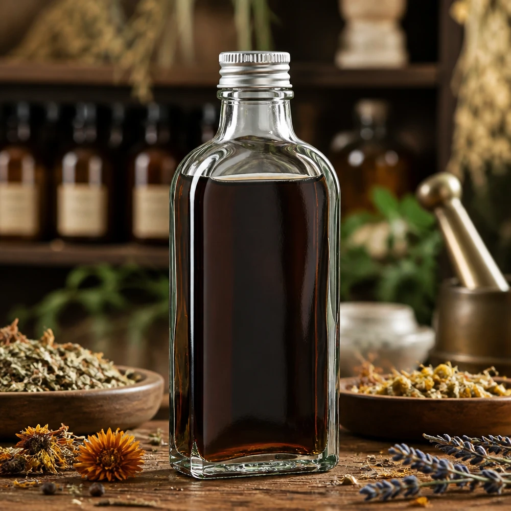Flache Glasflasche 100 ml klar mit DIN22 Verschluss für Naturheilkunde und Kräuterextrakte