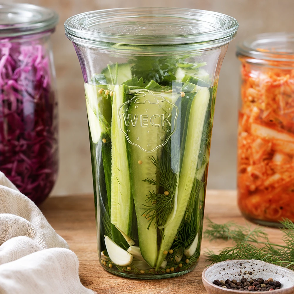 WECK Quadroglas 795ml mit eingelegten Gurken Dill und Gewürzen zum Einmachen fermentieren neben bunten Einmachgläsern