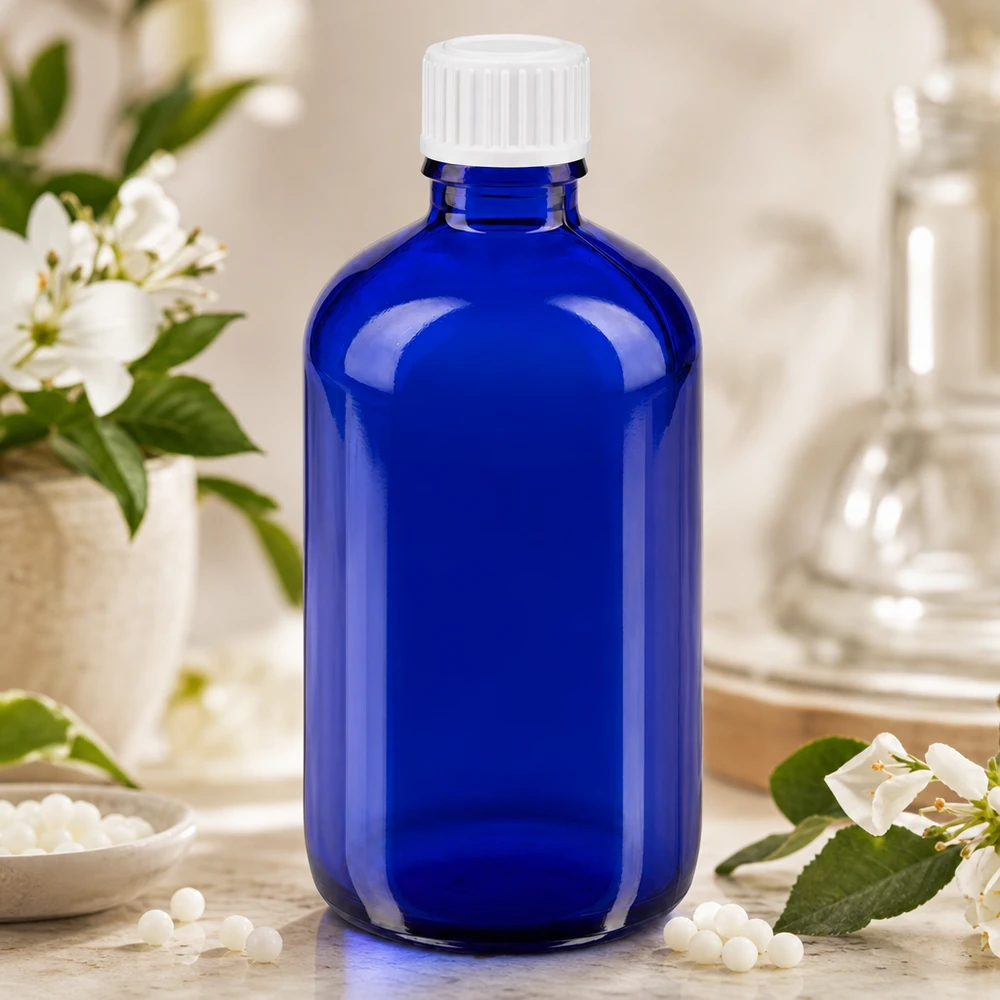 Lichtschutzflasche 100ml kobaltblau mit weißem Verschluss umgeben von Jasminblüten und Globuli