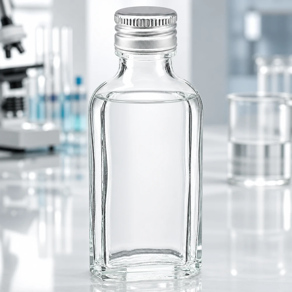 Rechteckige 50ml Glasflasche Meplat klar mit silbernem Alu Schraubdeckel PP22 für Proben und Reagenzien