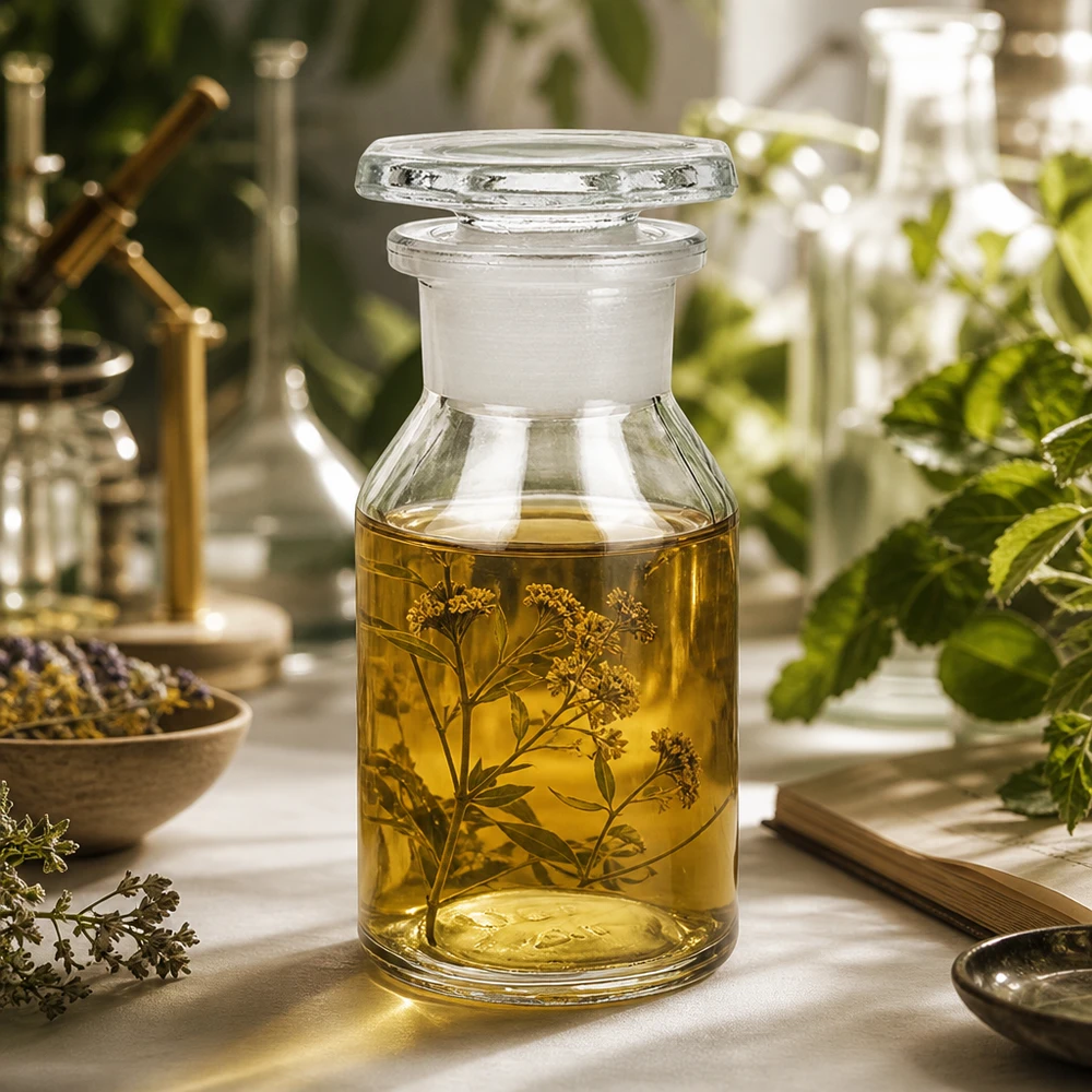 Transparente Steilbrustflasche 50ml mit Weithals-Öffnung und Glasstopfen für botanische Auszüge