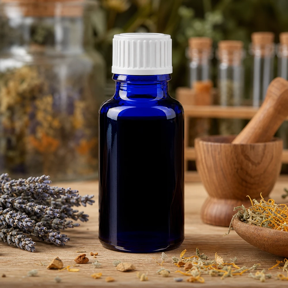 Kobaltblaue 20ml Flasche aus UV-Schutzglas mit Tropfverschluss für Naturheilkunde