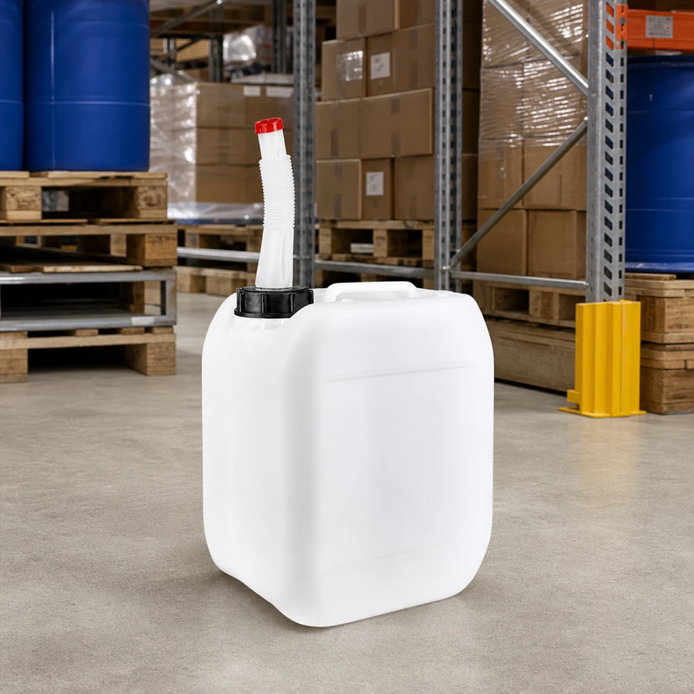 Kanister 5 Liter mit Auslaufrohr Flex Tragbarer 5 Liter Kanister mit Flex-Auslaufrohr auf Betonboden eines Industrielagers