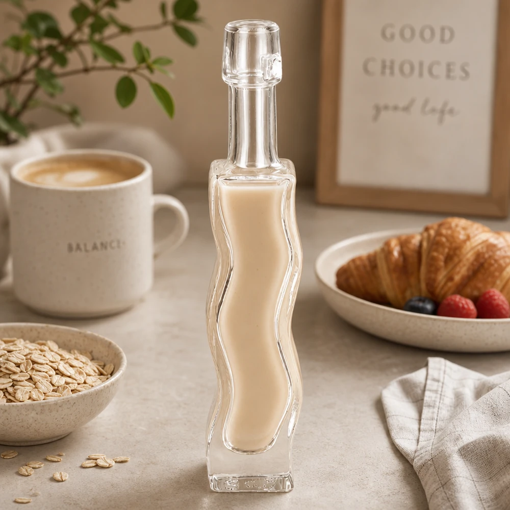 40ml Glasflasche "Anna" ohne Bügelverschluss UNiTWIST 40ml Glasflasche Anna mit cremigem Hafermilch-Drink befüllt Frühstückstisch Croissant Kaffee hygge Lifestyle-Szene