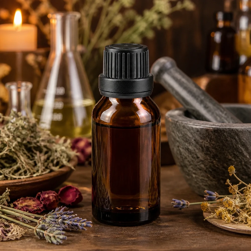 Apothekenflasche braun 15ml Schraubverschluss schwarz Dichteinlage Originalitätsverschluss Braunglas Flasche 15ml mit schwarzem Verschluss und Dichtung neben Erlenmeyerkolben und Heilkräutern