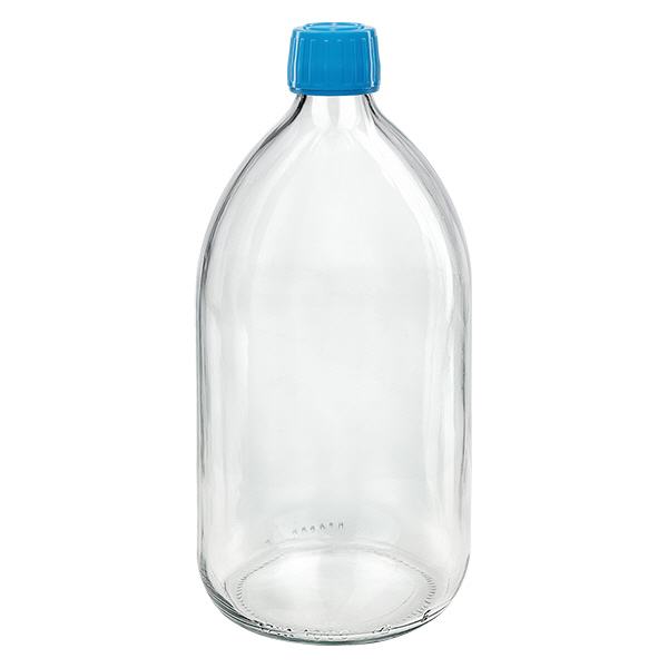 1000ml Medizinflasche klar, Verschluss blau mit Originalitätsring ApoGlas 1000ml Medizinflasche klar, Verschluss blau mit Originalitätsring ApoGlas
