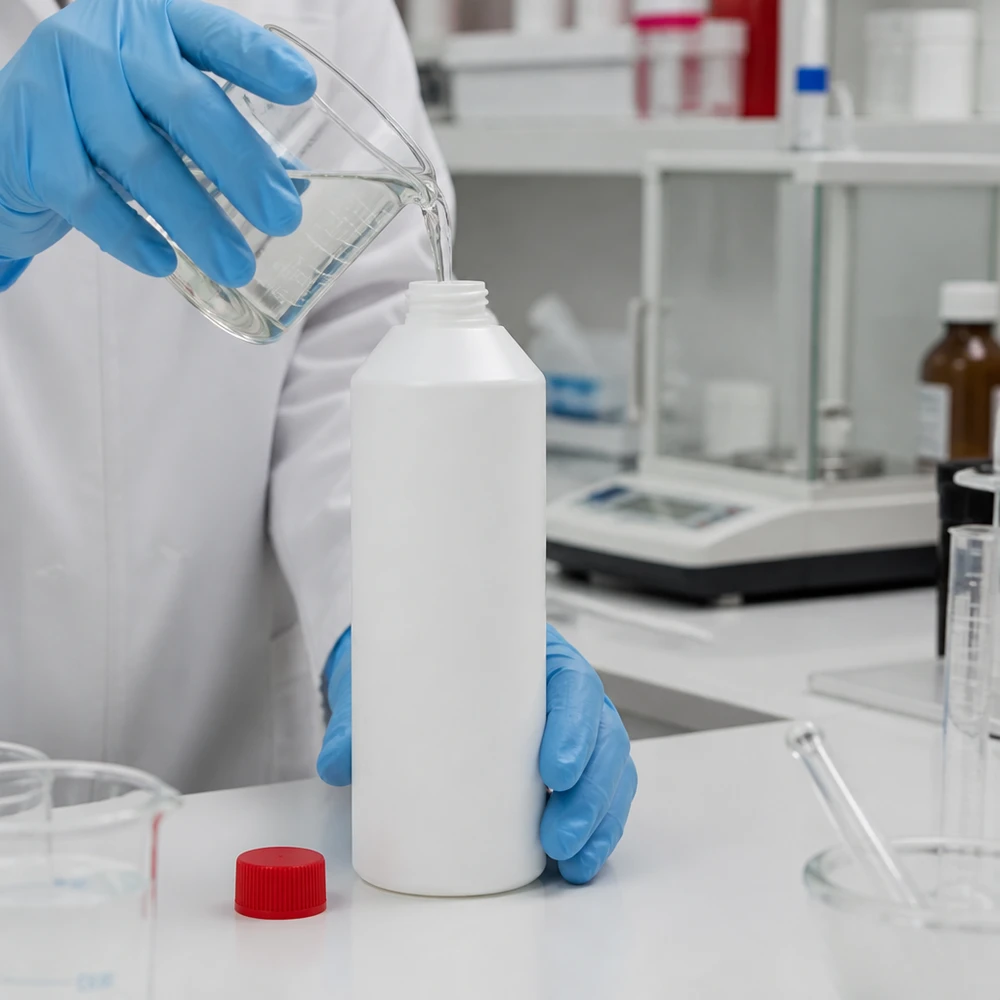 Apothekenflasche 250ml aus lebensmittelechtem HDPE weiß mit rotem SV bei der Abfüllung