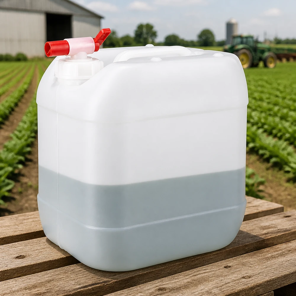 Kanister 15 Liter mit Auslaufhahn Robuster Kunststoffkanister 15 Liter mit Zapfhahn für den Agrarbereich auf verwitterten Holzbrettern