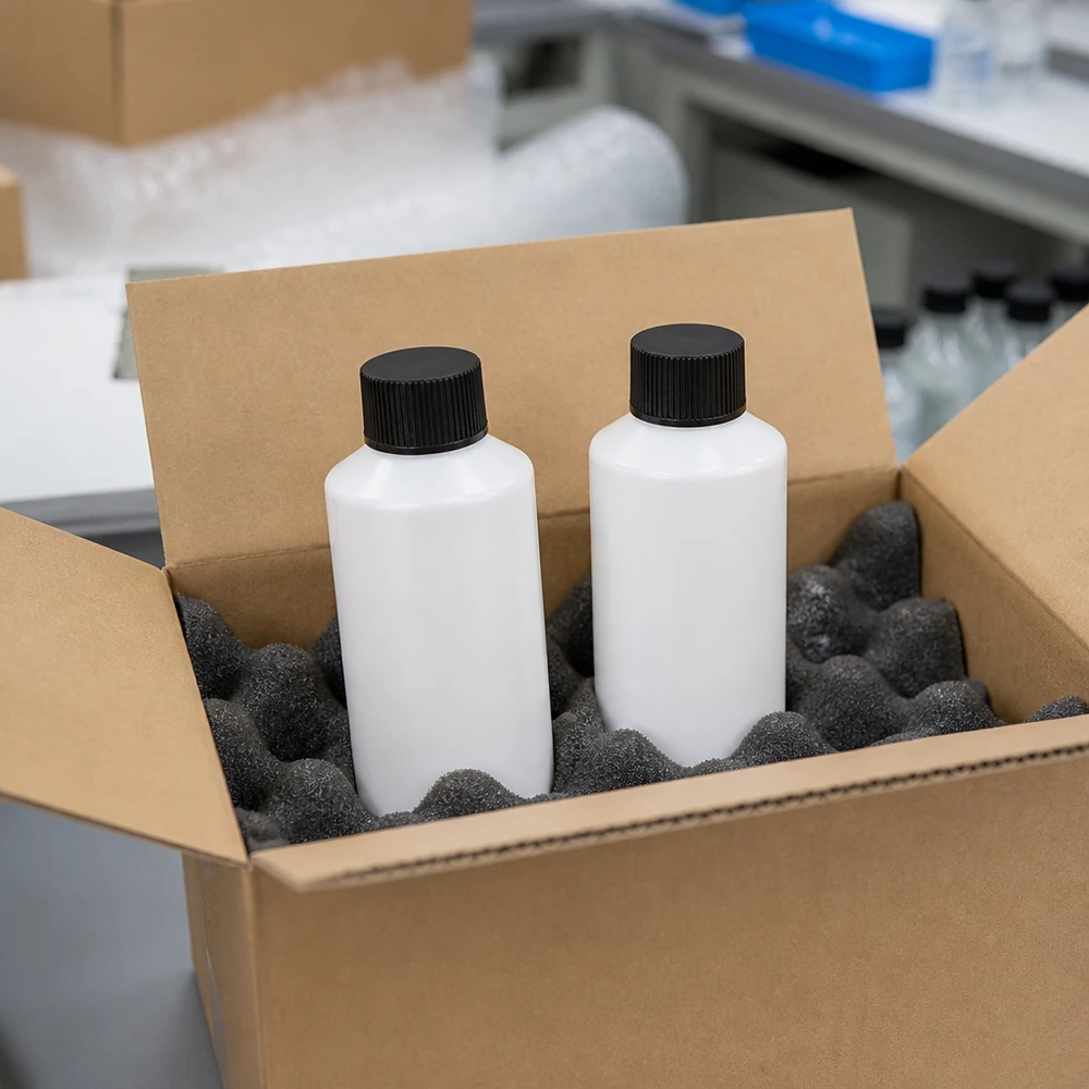 Weiße Apothekenflaschen 100ml mit kindersicherem schwarzen Verschluss in stoßfester Schaumstoffverpackung
