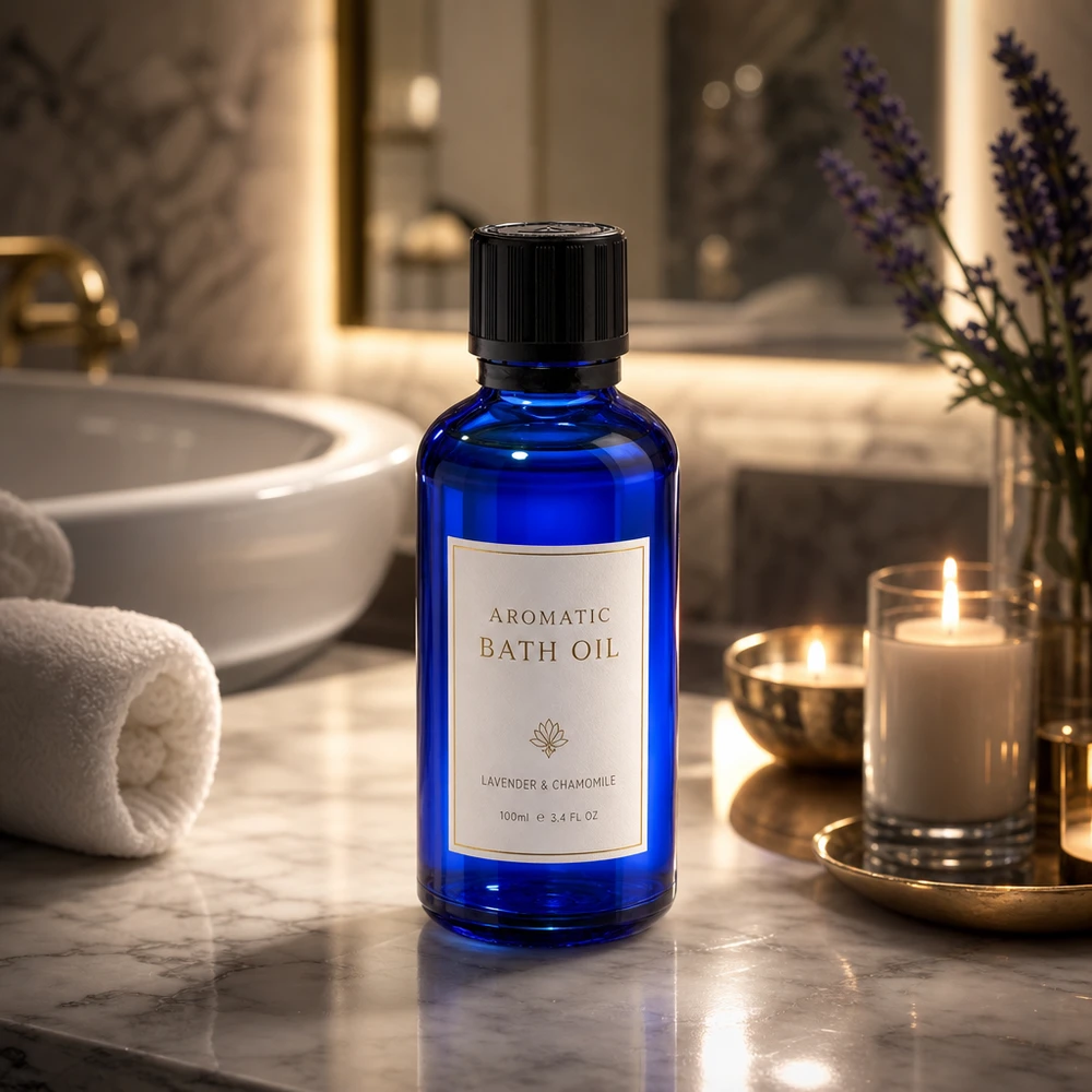 Kobaltblaue Glasflasche 50ml mit schwarzem KiSi-Verschluss vor elegantem Badezimmer-Ambiente