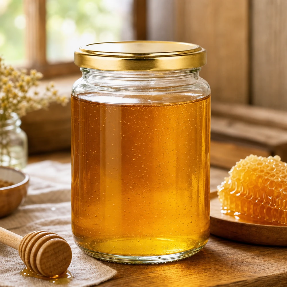 382ml Rundglas mit goldenem Deckel gefüllt mit Honig neben Bienenwabe und Honiglöffel auf Holztisch
