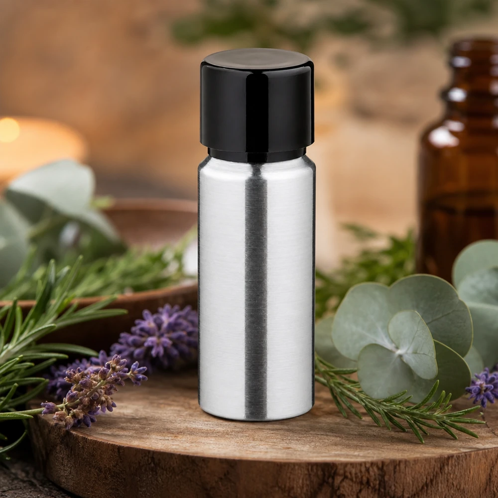 20ml Aluminiumflasche in schlanker Zylinderform mit elegantem geschliffenem Design