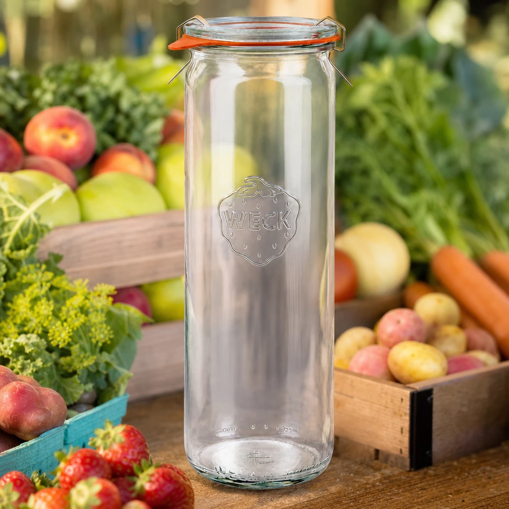 WECK Zylinderglas 600ml RR60 leer auf Holztisch umgeben von frischem Obst und Gemüse im Garten