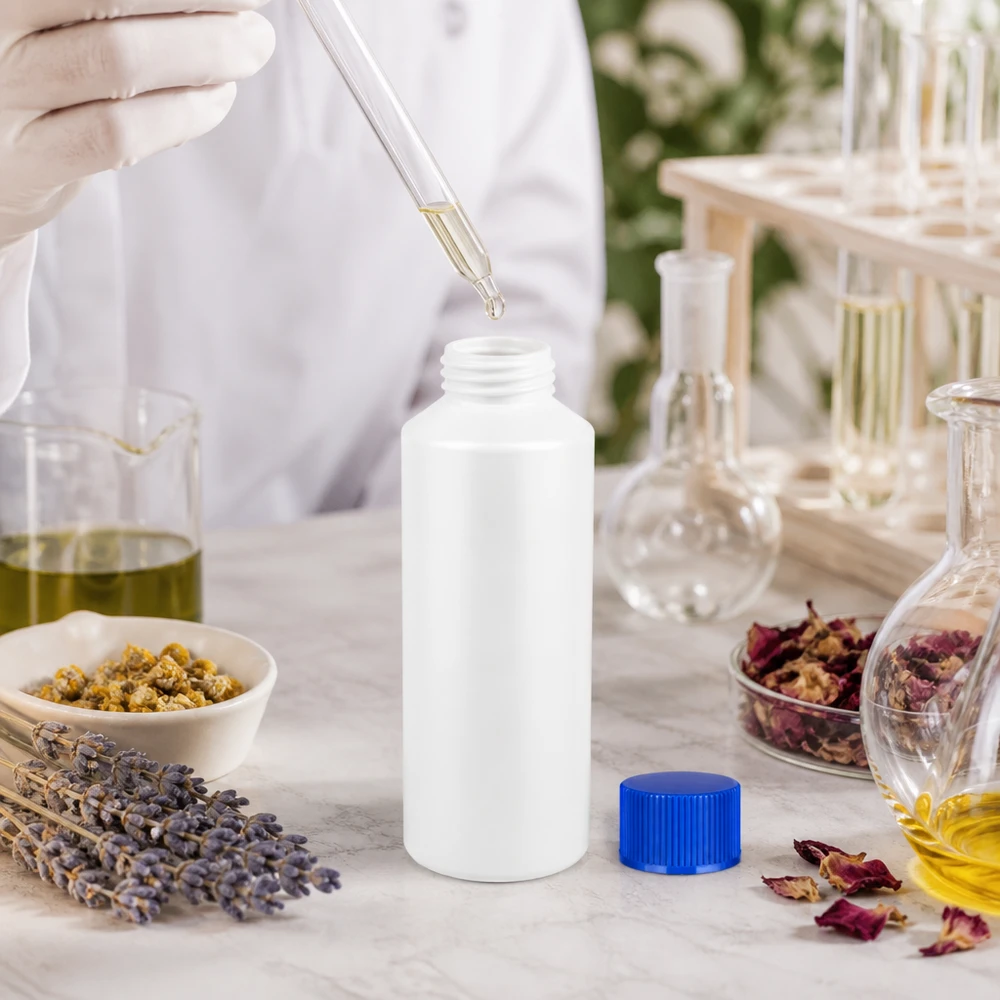 Apothekenflasche HDPE 100ml weiß, mit blauem Schraubverschluss Weisse Rundflasche 100ml aus HDPE Kunststoff mit blauem Deckel für Naturheilkunde