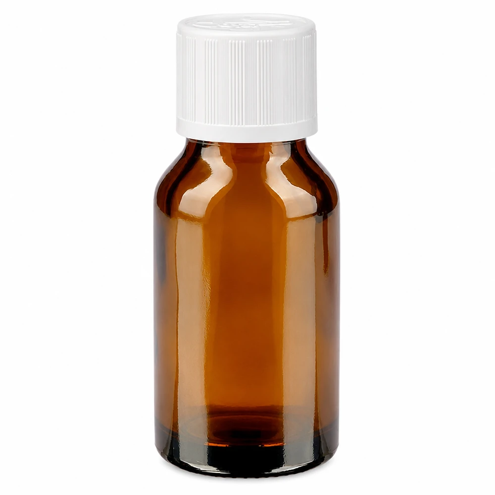 Kleine 30ml Braunglasflasche mit weißem Schraubverschluss und Kindersicherung für Apotheken