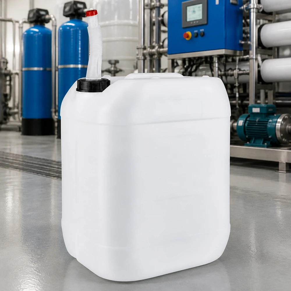 Stapelbarer Flachkanister 20 Liter mit Flex-Auslaufrohr und schwarzem DIN-Schraubverschluss in Weiß