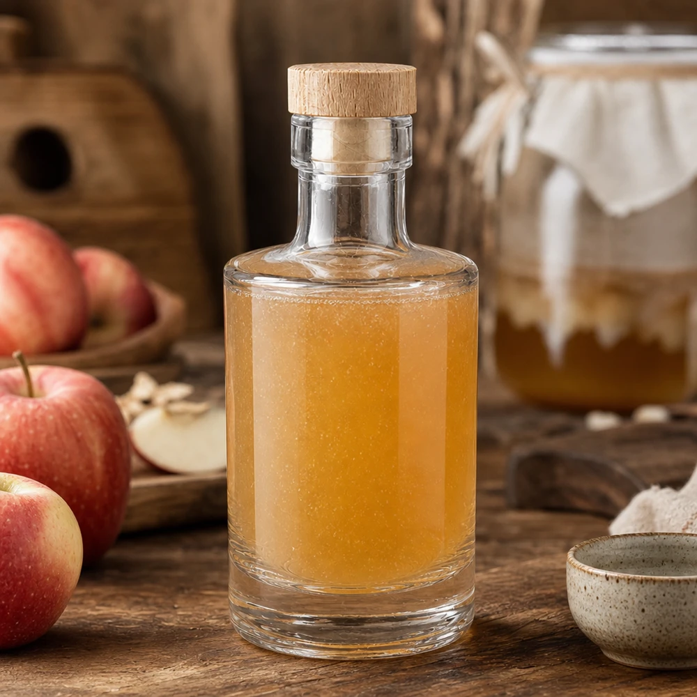 200ml Glasflasche "Marie" mit Holzgriff-Korken UNiTWIST 200ml Glasflasche Marie mit Apfellikör gefüllt, Holzkorken-Verschluss, rustikale Küchendeko mit roten Äpfeln im Hintergr